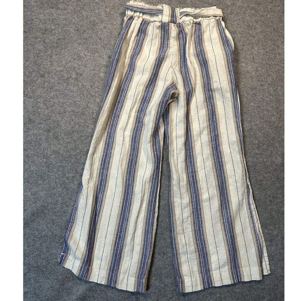 Indigo Rein Womens Small Linen Stripe Tie Waist Wide Leg Pants Blue Tan White - Picture 2 of 7